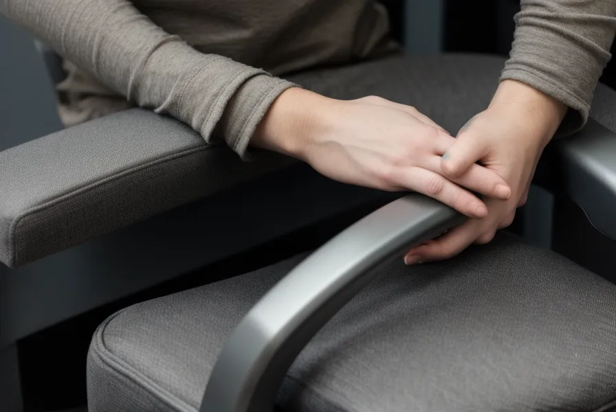 Gros plan sur des mains posées calmement sur les accoudoirs d'une chaise de bureau.