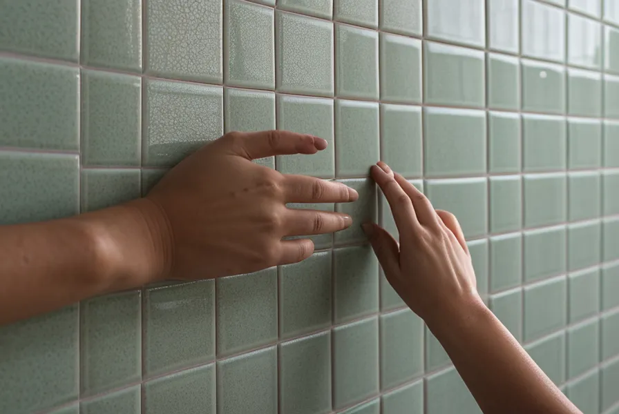 Détail d'une main appuyée contre le mur de carrelage frais dans un couloir calme.