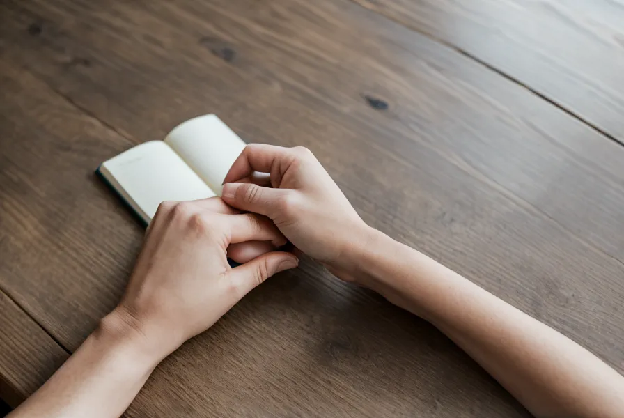 Mains posées calmement et détendues sur une table de réunion en bois à côté d'un carnet.
