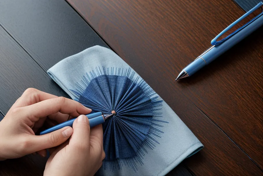 Gros plan d'une main faisant tourner nerveusement un stylo quatre couleurs sous une table.