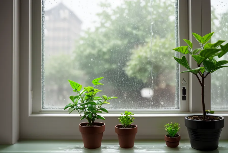 Fenêtre de bureau sous la pluie avec un téléphone posé sur le rebord.