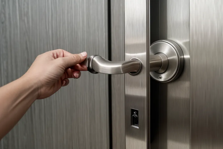 Gros plan sur une main hésitant à ouvrir une porte de salle de réunion.