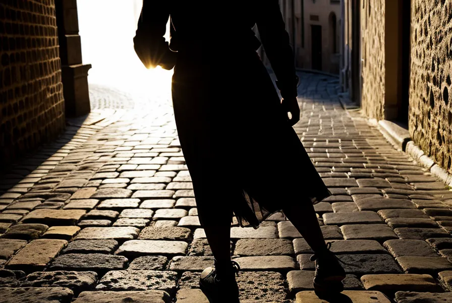 Silhouette d'un homme marchant avec assurance dans une rue calme.