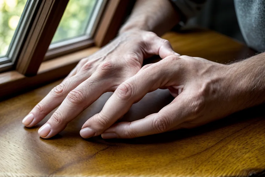 Gros plan d'une main tapotant nerveusement sur le bord d'un bureau en bois