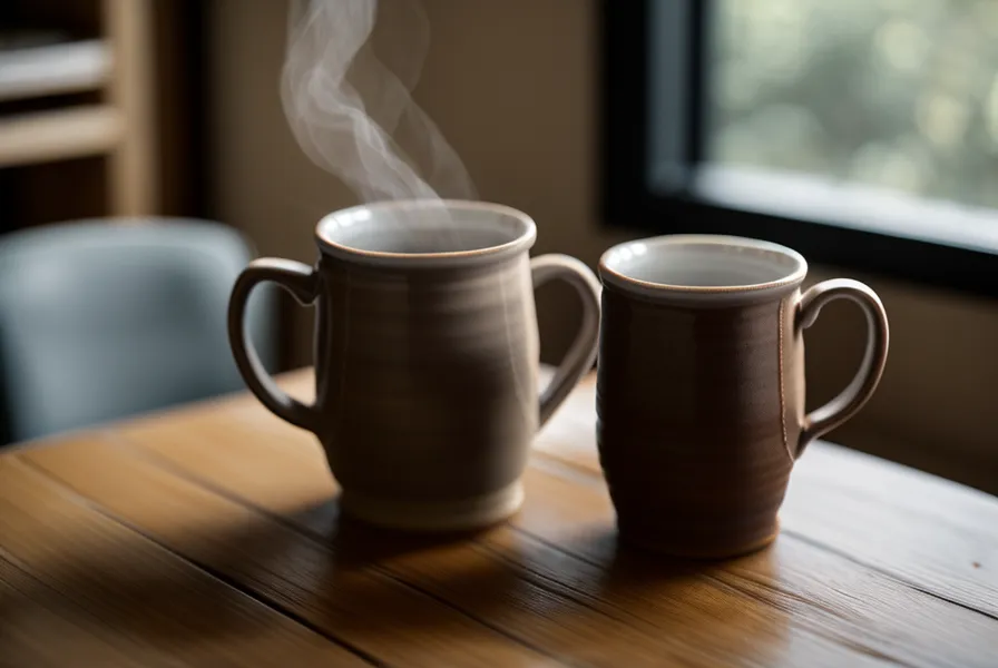 Une tasse de café sur une table de bureau avec des collègues flous en arrière-plan