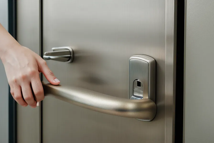 Main d'un homme hésitant devant une porte de salle de conférence
