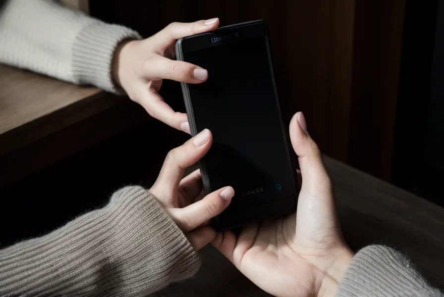 Mains tenant un smartphone éteint sur un comptoir de bar