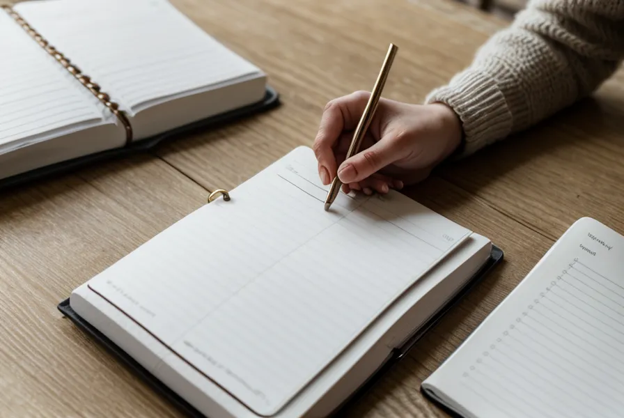 Mains écrivant dans un carnet sur un bureau en bois