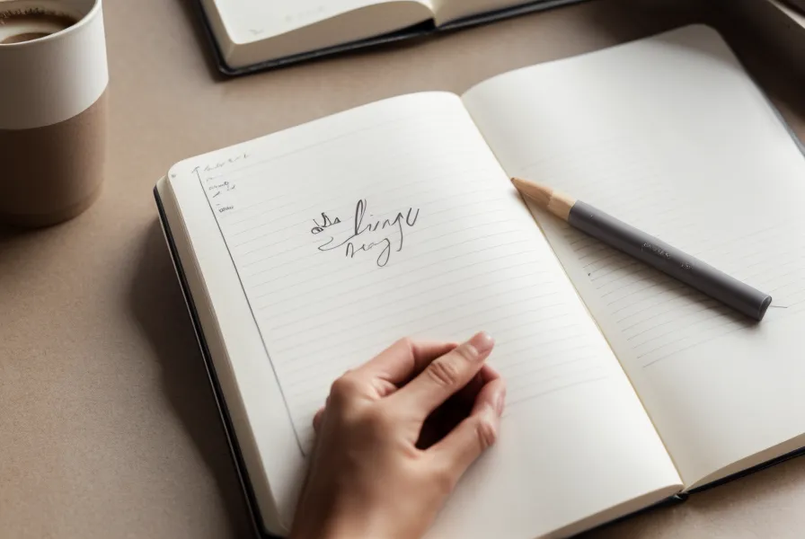 Une main écrivant des notes raturées dans un carnet sur un bureau