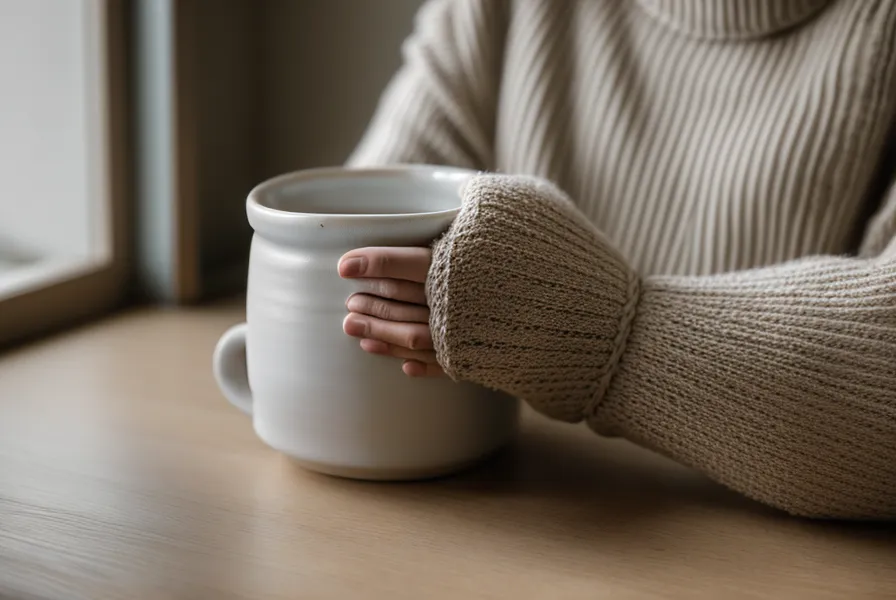 Gros plan de mains tenant une tasse de café chaude sur une table en bois