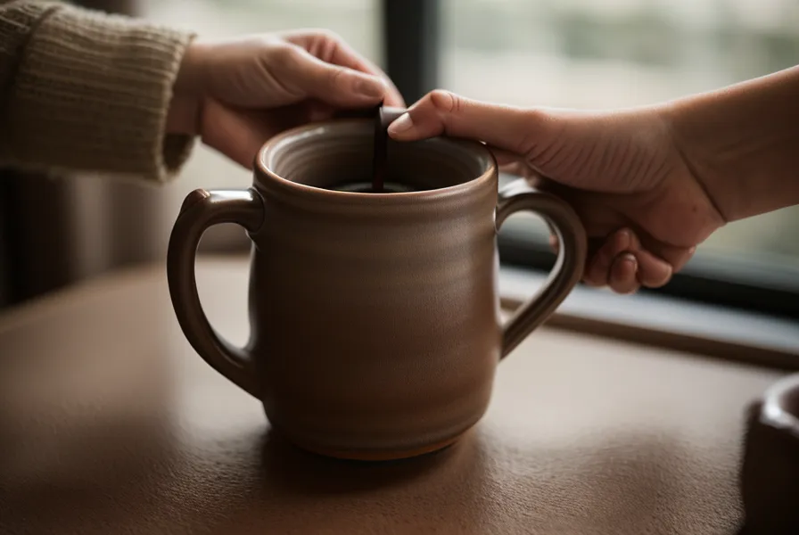 Gros plan d'une main tenant une tasse de café dans un bureau flou