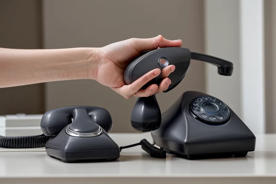 Gros plan d'une main tenant fermement un combiné de téléphone au bureau.