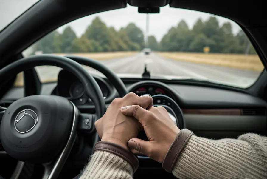 Mains posées sur le volant d'une voiture sur un parking sous une lumière douce