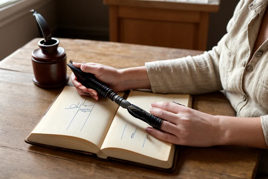 Détail de mains écrivant dans un carnet ouvert sur une table en bois