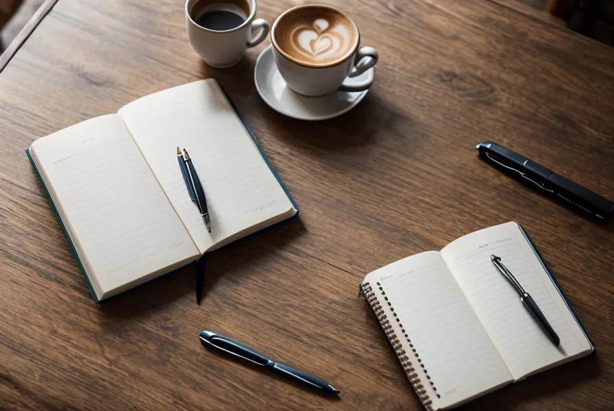 Carnet ouvert et café sur une table en bois pour planifier ses objectifs.