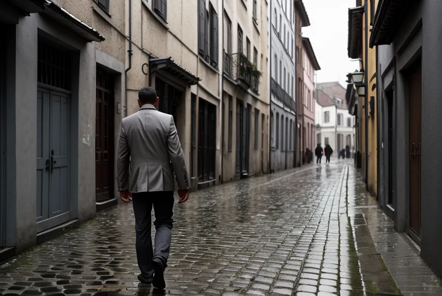Vue de dos d'un homme marchant dans une rue calme sous une pluie légère.