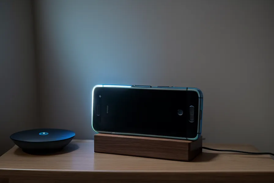 Un smartphone allumé dans l'obscurité montrant un fil d'actualité sur une table de nuit.