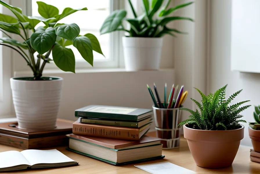 Espace de travail organisé avec plante verte et dossiers, reflet d'une vie de bureau apaisée grâce à l'affirmation de soi