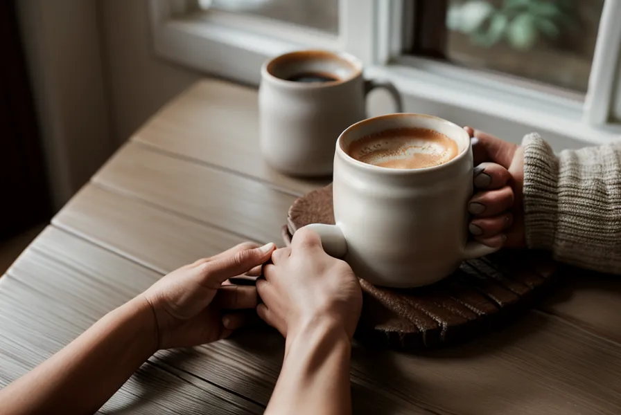 Une tasse de café froid oubliée sur un bureau à côté d'un téléphone qui brille.