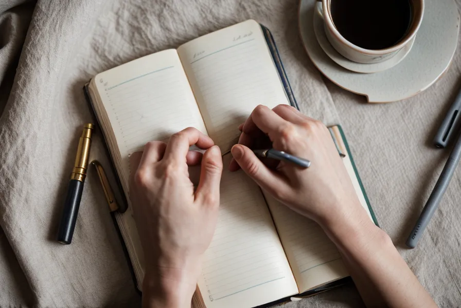 Un espace de travail à domicile avec plusieurs carnets ouverts et une lumière douce.